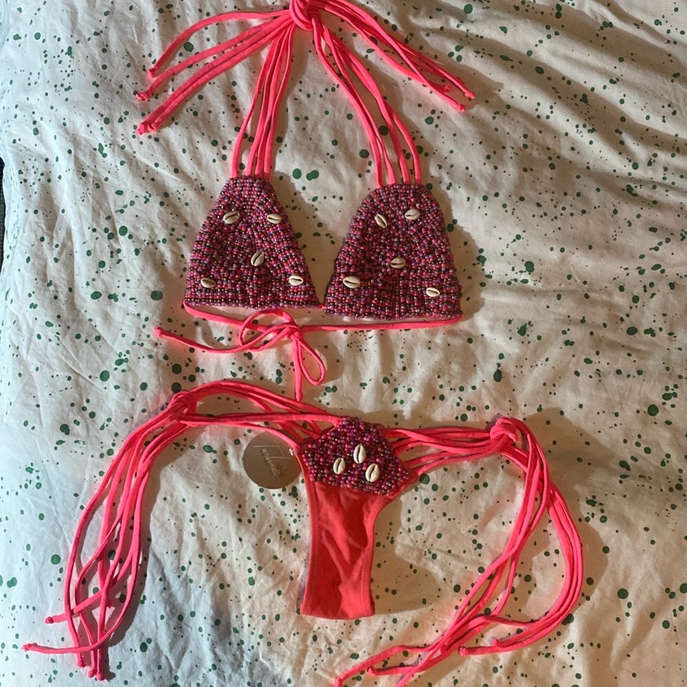Beaded Shell Accent Neon Pink Women's Bikini Set